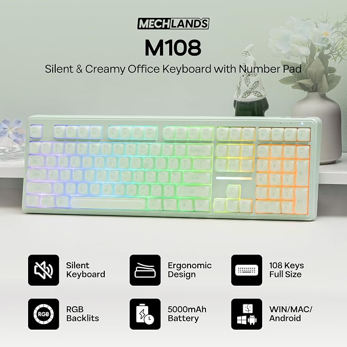 MechLands M108 100% Full Size Silent Office Keyboard with Number Pad | Wireless Creamy Membrane Keyboard with 5000mAh Battery for Office/Home/PC Game, RGB Backlight, 26-Key Rollover (Green)