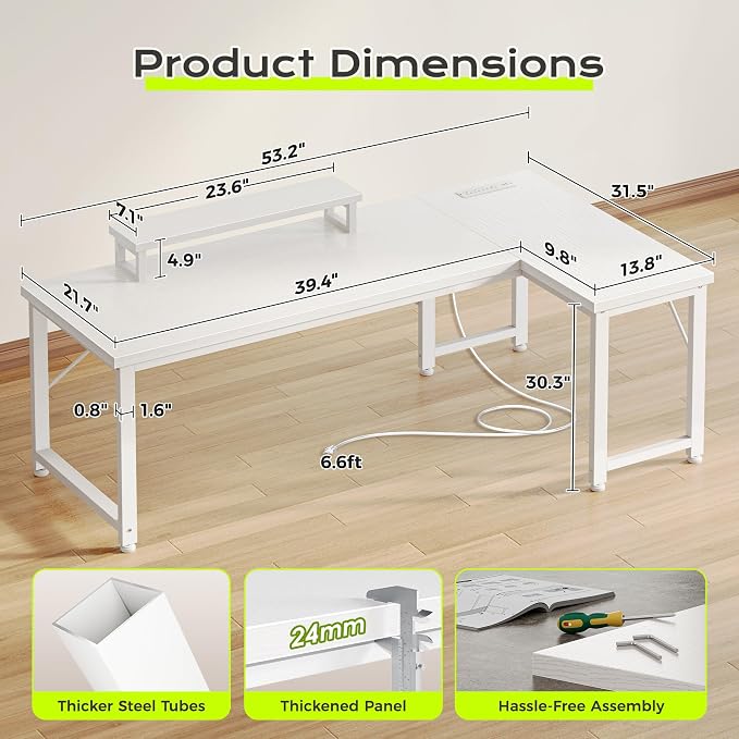 PRAISUN 53" L Shaped Computer Desk, Power Outlets, Monitor Stand, White | USB-C Ports, Reversible Charging Station, Spacious Desktop & Legroom, 0.94 Inch Thick Desktop, for Gaming, Study & Work
