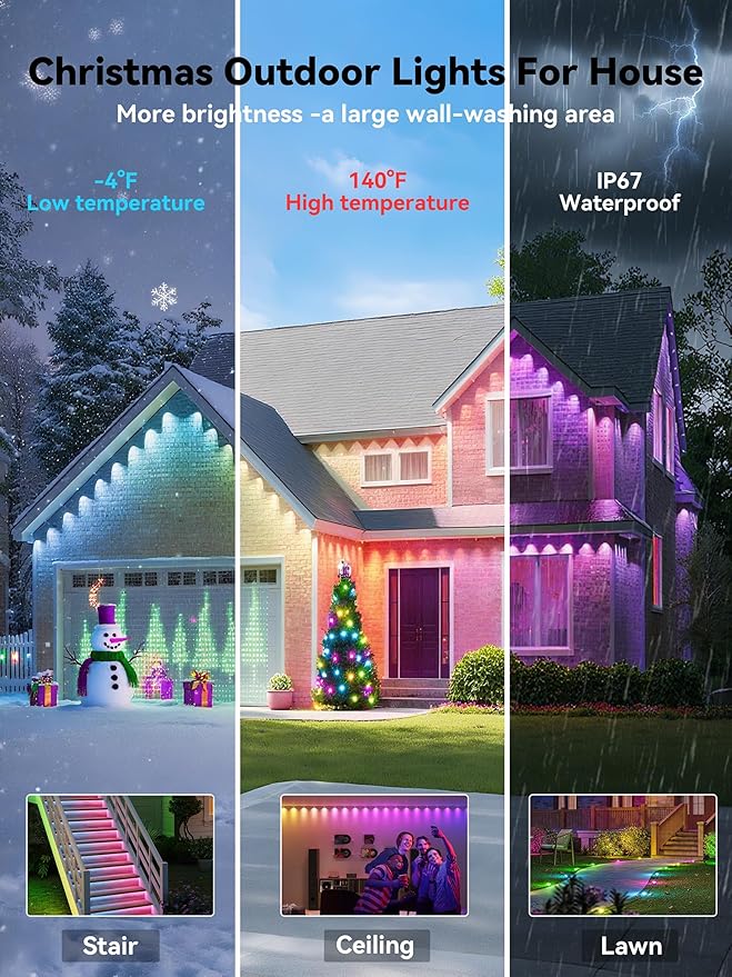 200FT Permanent Outdoor Lights, Smart RGB Eave Lighting for House, IP67 Waterproof LED Outside House Lights with App/Remote Control, for Christmas, Holiday Decor, Party, Daily