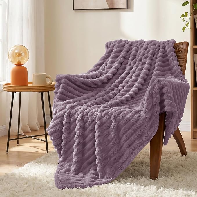Dusty Purple Throw Blanket for Couch & Bed, 50 x 60 Inch | 300GSM Ribbed Fleece Blanket, Soft, Cozy & Lightweight, OEKO-TEX Certified, All-Season Use for Travel, Dorm & Home Decor