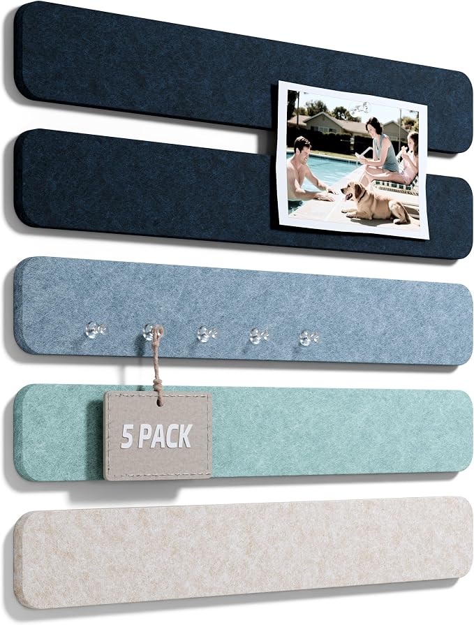 Fluxynara 13" x 2" Felt Wall Panels, Ocean Gradient | 5-Pack Cork Board Alternative with 35 Push Pins, Adhesive Mounting for Bedroom Door or Home Office