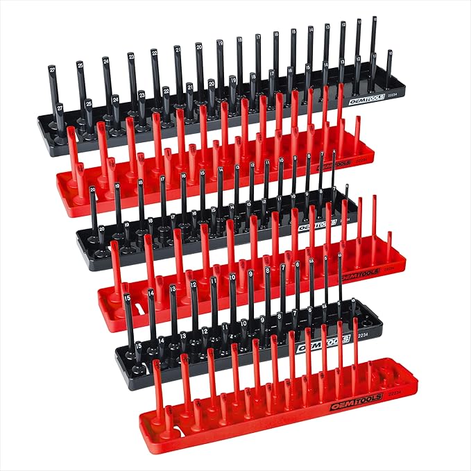 OEMTOOLS 22234 Socket Organizer, 6 Piece Socket Organizers, SAE and Metric, Socket Holders 1/4, 3/8, 1/2 Drive Sockets, Socket Holder for Toolbox, Red and Black