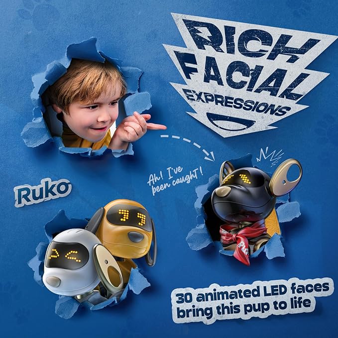 Ruko 18011 Robot Dog Toy, Smart Interactive Puppy with 30+ LED Faces | Remote and Gesture Control, Programmable Interactive Electronic Robot Pet for Kids Ages 3–8, Black & Gold