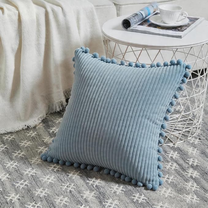 Fancy Homi Set of 2 Light Blue Euro Decorative Throw Pillow Covers 26x26 Inch with Pom-poms, Boho Soft Corduroy Solid Square Baby Blue Cushion Case for Couch Sofa Bedroom Car Living Room 66x66 cm