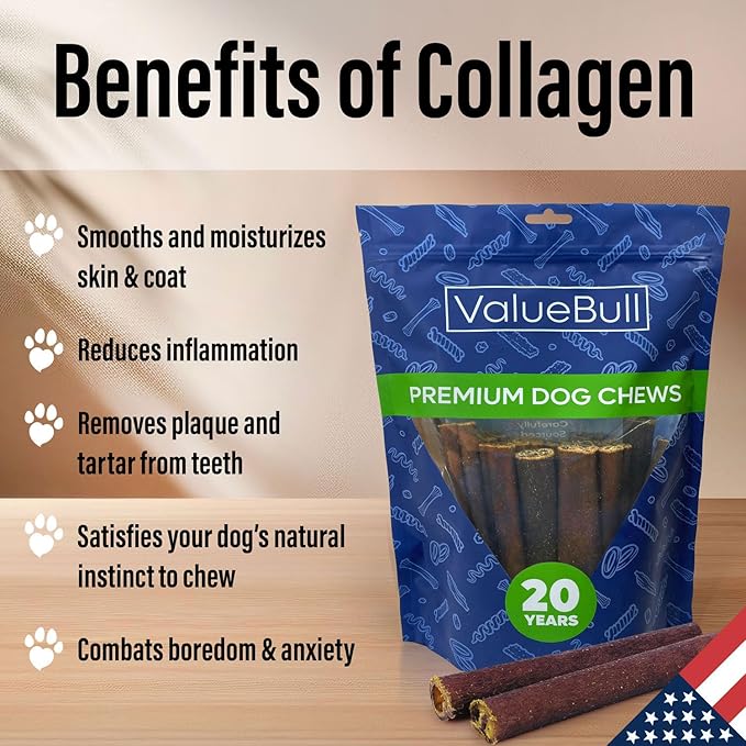ValueBull USA Collagen Sticks for Dogs, 6 Inch Super Jumbo Chews, Natural Long-Lasting Dog Treats, 100 Count Bulk Pack - Promotes Joint, Skin & Coat Health with Glucosamine and Chondroitin