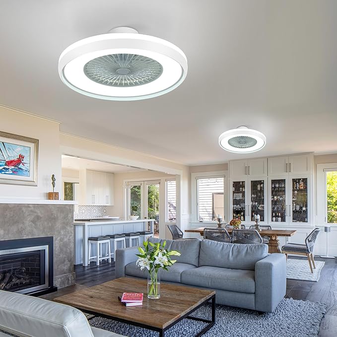 24" Bladeless Ceiling Fan with Light Remote, Smart LED Ceiling Fans with App Control, Modern Low Profile Dimmable Light Ceiling Fan for Bedroom Living Room White