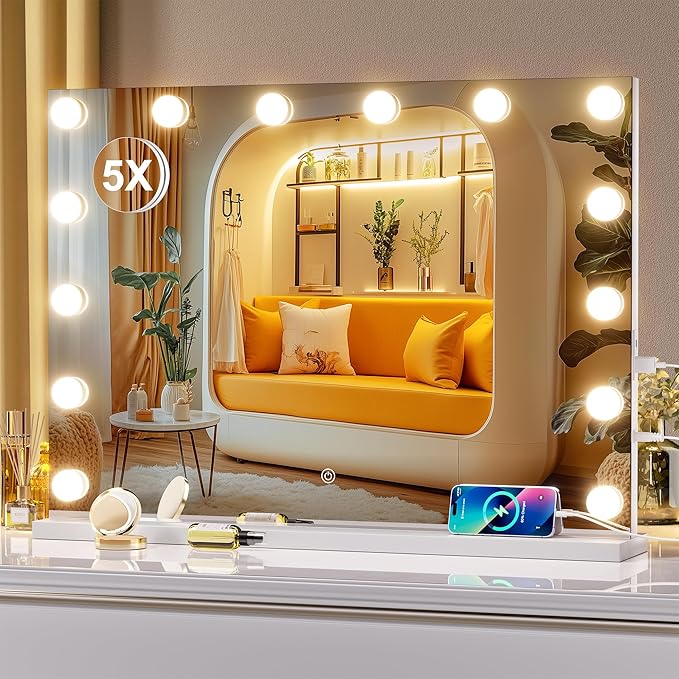 Hasipu Hollywood Vanity Mirror with Lights, 29" x 20" Makeup Mirror with 14 Dimmable LED Bulbs 3 Color Modes & Detachable, 5X Magnifying Glass, Touch Control, USB and Type-C, Tempered Glass