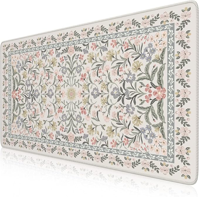 iCasso Desk Mat for Women Desk Accessories, 35.4x15.7in,Cozy Gray Floral | Back to School XXL Large Mouse Pad, Anti-Slip Big Mousepad with Stitched Edges,Smooth Water-Resistant