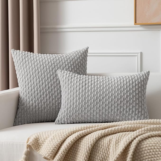 Kevin Textile Soft Corduroy 14"x20" Lumbar Pillow Cover 1 Pack, Light Grey | Boho Stripe Plush Corduroy Decorative Oblong Cushion Cover Modern Farmhouse Home Decor for Sofa Couch Bed Chair