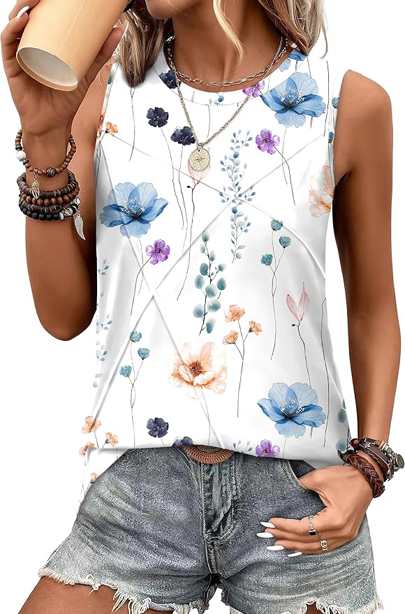 WIHOLL Women's Sleeveless Summer Crewneck Loose Fit Tank Tops