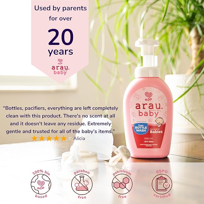 Arau Baby Unscented Foam Bottle Wash Refill, Natural Plant Based Baby Bottle & Dish Soap, No Artificial Fragrance or Additives, Gentle for Washing Bottles, Pacifiers and Toys, Easy Rinse, 15.21 Fl Oz