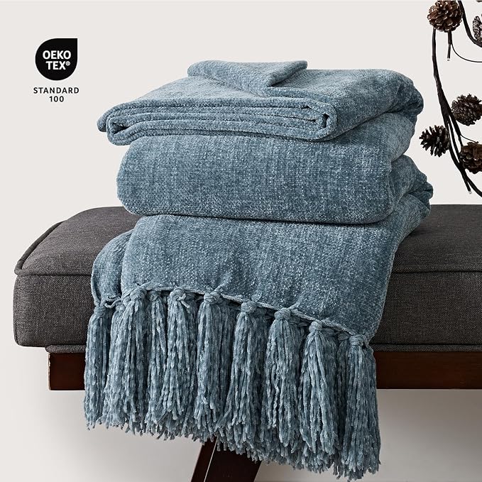 Chenille Knit Throw Blanket for Couch, 60"x80", Cloud Blue | Cozy Plush Fuzzy Knittd Throw with Tassels, Lightweight, Decorative, Farmhouse Decor, Ideal for Bed Sofa Gift, All Seasons