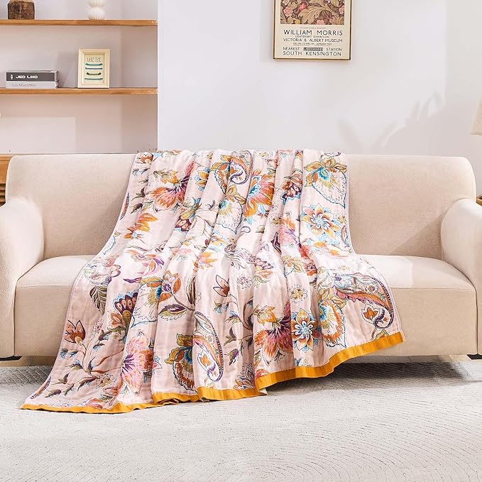 XIBLC Boho Throw Blanket for Bed, 100% Cotton Soft Rustic Quilt Fall Blanket, 60"x80" Floral Printed Farmhouse Decor Bed Blankets, All Season Rustic Reversible Bohemian Throw Quilt