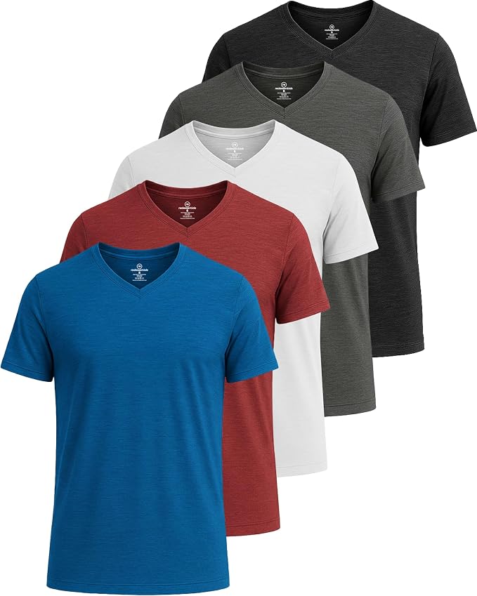 5 Pack Men's Dry Fit V Neck Gym Workout T Shirts Athletic Moisture Wicking | Cooling, Quick Dry, Breathable, Short Sleeve, Exercise, Cycling, Sports, Outdoor, Fitness, Golf, Crossfit, Hiking, Tennis