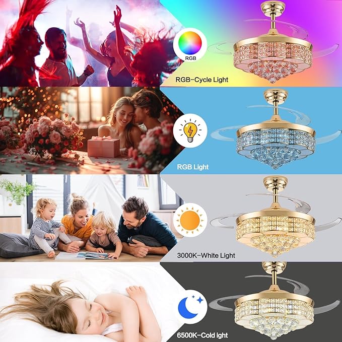 48" RGB Bluetooth Fandelier Ceiling Fan, Crystal LED Chandelier, Retractable Blades 6-Speed Music Player Remote APP Control for Bedroom Glod