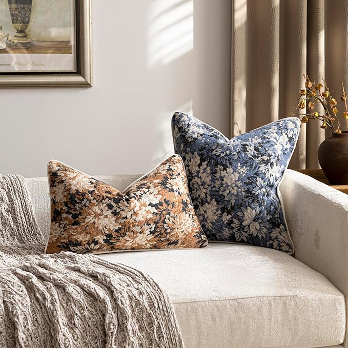 Pack of 2 Vintage Floral Euro Sham Covers 24x24 Boho Farmhouse Accents Chenille Square Decorative Throw Pillow Cases for Living Room Couch Bed Home Decor, Dusty Blue