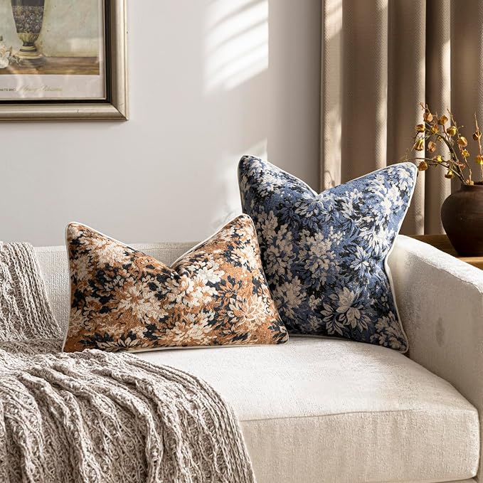 Pack of 2 Vintage Floral Throw Pillow Covers 16x16 Boho Farmhouse Accents Chenille Square Decorative Pillow Cases for Living Room Couch Bed Home Decor, Dusty Blue