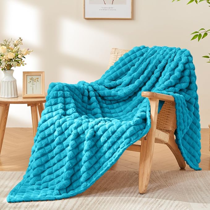 BEDELITE 3D Checked Teal Fleece Throw Blanket for Couch, 50x60 Inches | Soft Warm Fuzzy Fluffy Blanket for Bed Sofa, Lightweight Plush Cozy Blankets for Home Room Decor, Gift for Women, All Season
