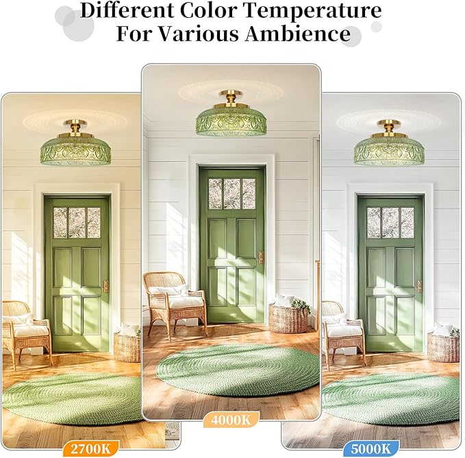 Lamomo Semi Flush Mount Ceiling Light, Upgraded Larger Green Hallway Light Fixture, 3-Bulb Globe Glass Close to Ceiling Scone, Indoor Hanging Light for Bedroom Kitchen Porch Hallway,Bulbs Not Included