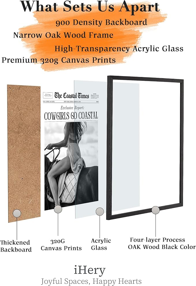 iHery 16x20in Cowgirls Go Coastal Framed Newspaper Wall Art | Premium Black Natural OAK Wood Frame with Canvas Print, Western Horseback Decor for Bedroom, Dorm, Living Room 1Pack