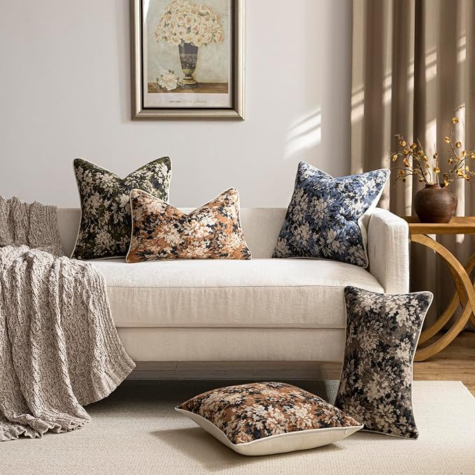 Pack of 2 Vintage Floral Pillow Covers 12x20 Boho Farmhouse Accents Chenille Rectangular Lumbar Decorative Throw Pillow Cases for Living Room Couch Bed Home Decor, Cognac