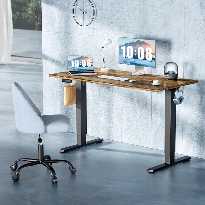 DUMOS 40 Inch Electric Standing Desk, Memory Adjustable Home Office Desk | Sit Stand Up Desk for Work Home Office,Adjustable Desk, Rising Computer Table with Splice Board,Cable Management,Hook,Brown
