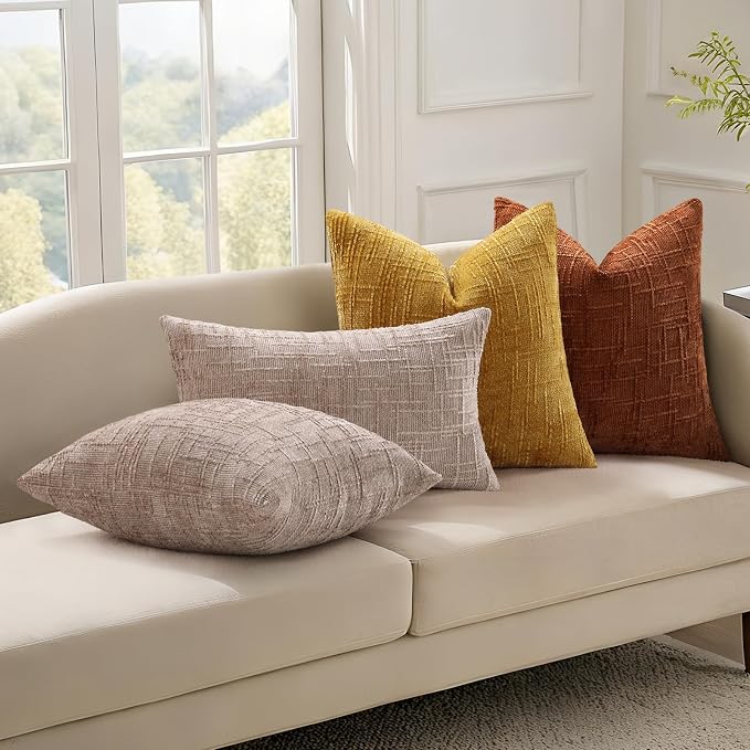 decorUhome Textured Chenille Throw Pillow Covers 22x22 Set of 2 Light Brown | Fall Modern Farmhouse Soft Cozy Slubby Couch Pillow Cases Boho Decorative Pillow Cases for Bed Sofa Living Room Home Decor