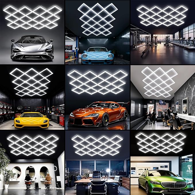 Large Hexagon Garage Lights 18 Hex Ultra-Bright Led Strip Lights New Updated Diamond Commercial Lighting for Garage Car Detailing Barber Shop Gym Warehouses Basement.