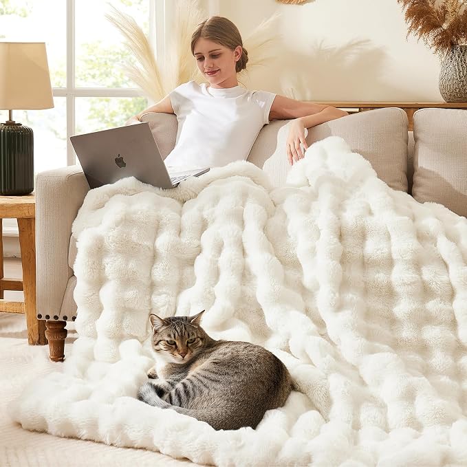 L'AGRATY Faux Rabbit Fur Throw Blanket for Couch, 60'' x 80'', Cream White | Soft Cozy Bubble Fluffy Blanket for Sofa Bed, Thick Warm Plush Fuzzy Throw for Room Home Decor, Luxury Gift for Women Mom