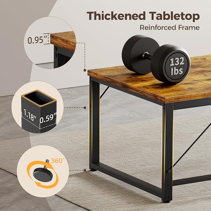 Mericonia 63x28 Inch Computer Desk, 1" Thick Large Office Table, Brown | Modern Simple Style, Heavy Duty Industrial Frame, Large Study & Writing Table for Home Bedroom Work