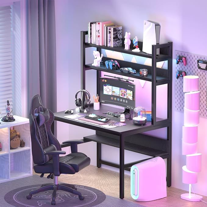 Aquzee Computer Desk with Hutch and Bookshelves, Large Leg Room 55 inch Width Black Desk with Space Saving Storage Shelves, Easy Assemble and All Hardware and Tools Included