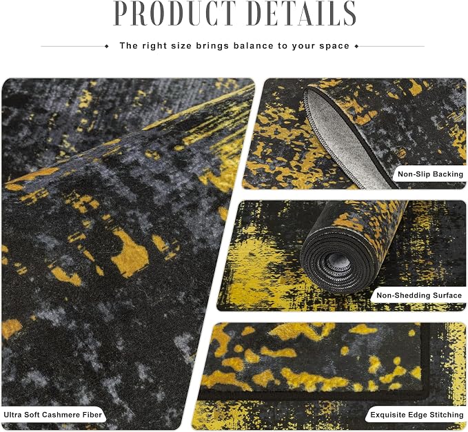 6x9 Area Rug Living Room Rug: Washable Modern Abstract Soft Thin Rug Indoor Floor No Slip Carpet for Bedroom Dining Room Farmhouse Nursery Home Office - Dark Black Gold