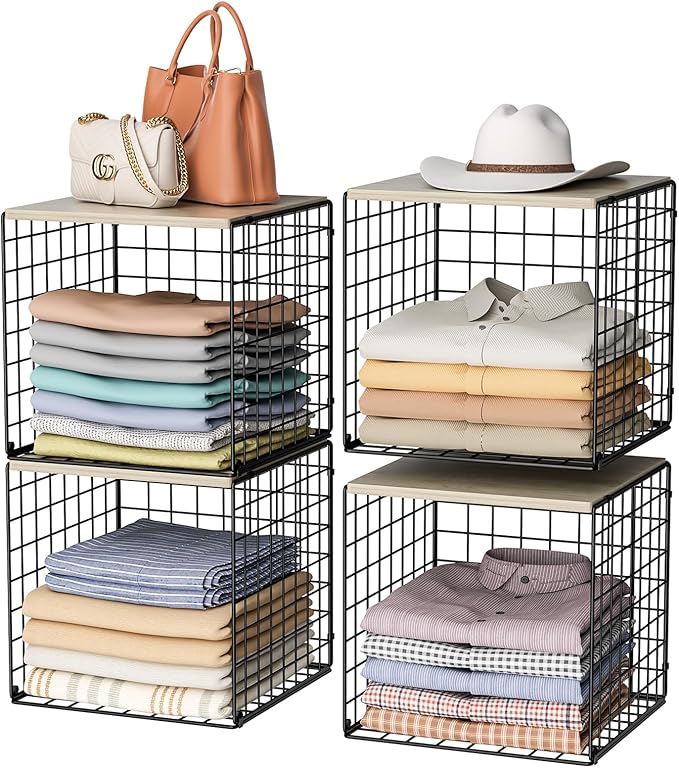 4-Tier Stackable Closet Organizers and Storage Basket, Shelves with Wood Top, Foldable Clothes Storage Bin/Cube Drawer Organizer for Wardrobe, Space-Saving, Closet Organization,Black(Patent Pending) ﻿