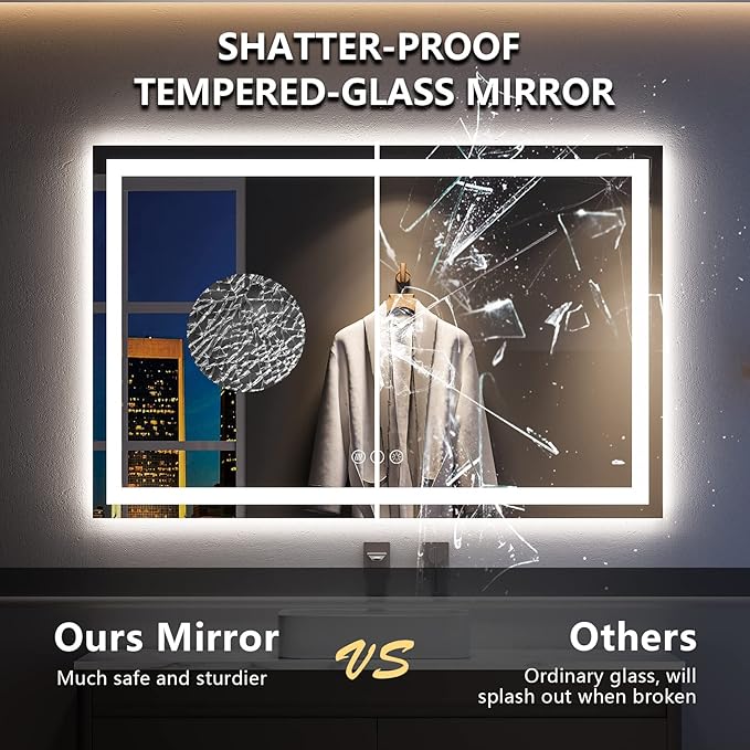 55x36 Inch LED Bathroom Mirror with Lights Front and Backlit Lighted Vanity Mirror for Bathroom Wall with 3 Colors Dimmable Anti-Fog Memory Shatter-Proof IP54 Waterproof Horizontal/Vertical