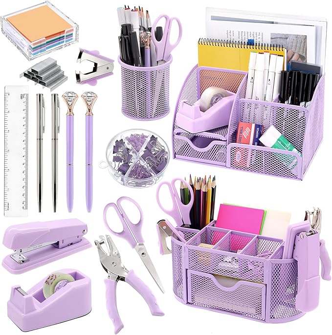 17 in 1 Purple Desk Organizers and Accessories Set, 3 Office Desk Supplies Storage Organization, 4 Pens, Stapler, Staples & Remover, Tape & Dispenser, Scissors, Ruler, Clips, Hole Punch Back to School