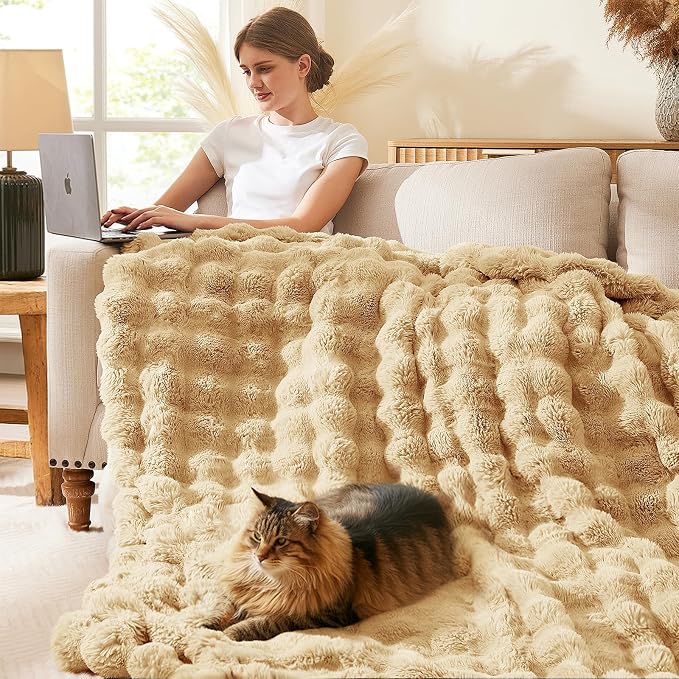 L'AGRATY Faux Rabbit Fur Throw Blanket for Couch, 60''x80'', Milk Tea Brown | Soft Cozy Bubble Fluffy Blanket for Sofa Bed, Thick Warm Plush Fuzzy Throw for Room Home Decor, Luxury Gift for Women Mom