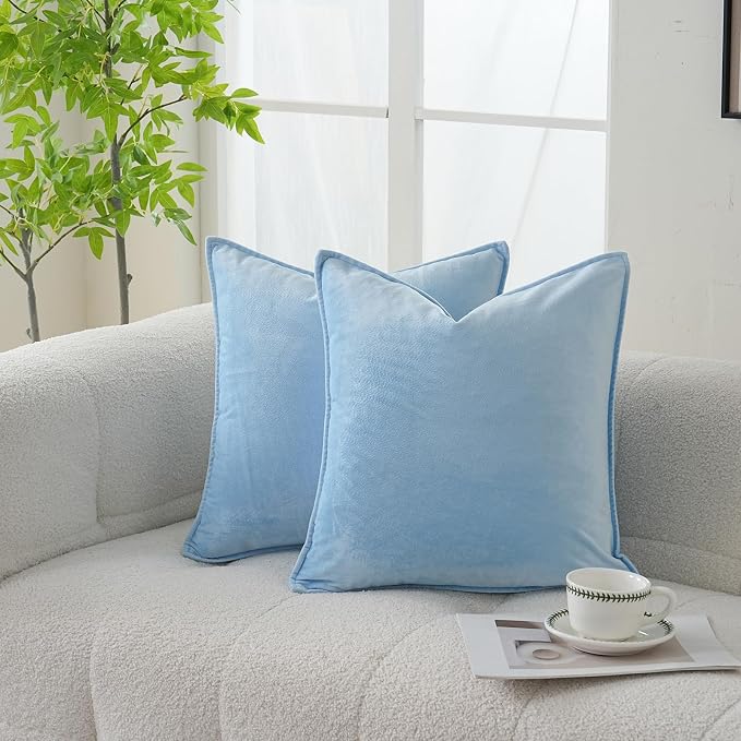Velvet Light Blue Throw Pillow Covers 18”x18”Pack of 2 Soft Decorative | Square Cushion Covers for Couch Sofa Bed Livingroom Car Home Decor,45x45Cm