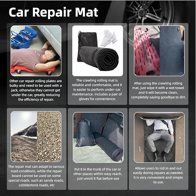 60''x28'' Rolling Creeper Mat with Storage Bag, Foldable Two-Layer Automotive Mechanic Repair Mat, Mechanic Creeper for Low Clearance, Special Roads, Long-Distance Trucks, Mechanics Pad, Black