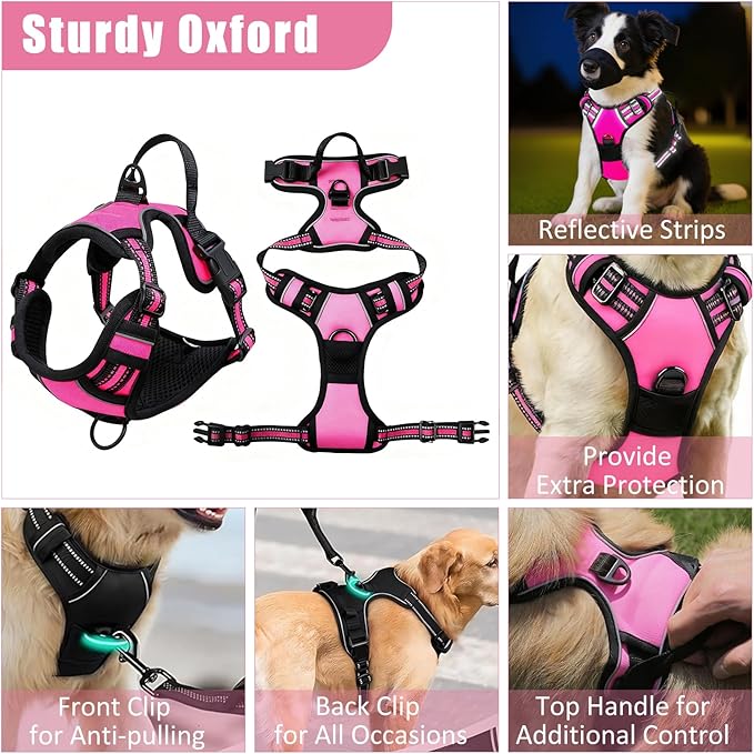 No Pull Dog Harness Adjustable Collar & Leash Set - Dog Halter Harnesses Collapsible Bowls & Poop Bag Dispenser Muzzle ID Tags Toys Fits Small Medium Large Dogs (Pink-L)