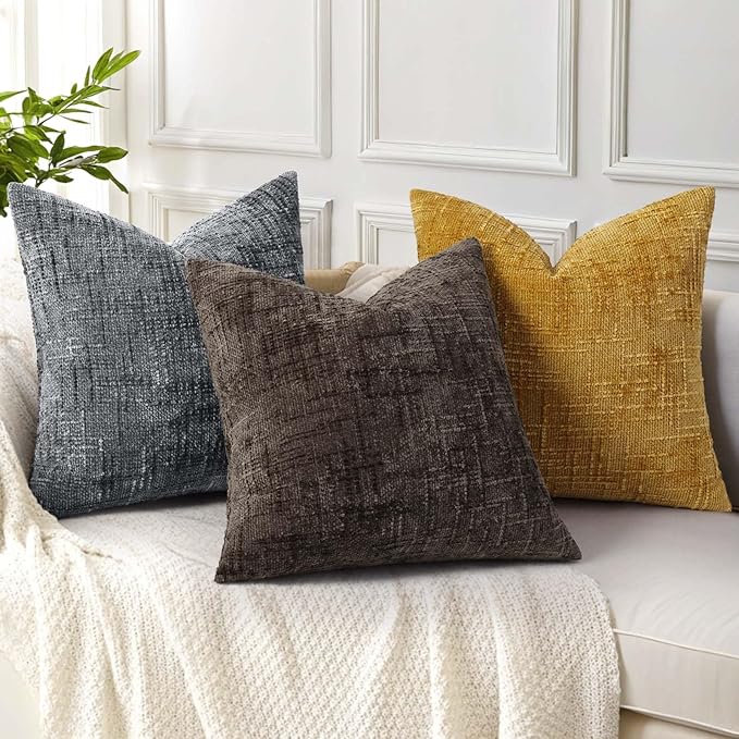 decorUhome Textured Chenille Throw Pillow Covers 16x16 Set of 2 Dark Grey | Fall Modern Farmhouse Soft Cozy Slubby Couch Pillow Cases Boho Decorative Pillow Cases for Bed Sofa Living Room Home Decor