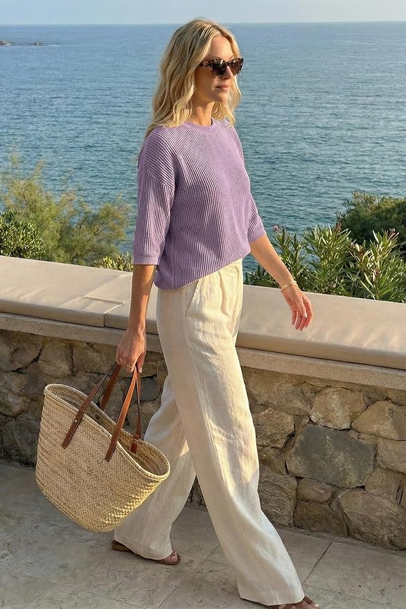 Arach&Cloz Womens Summer 100% Cotton Oversized Crochet Tops 3/4 Length Sleeve Sweater Hollow Out Casual Blouses 2026