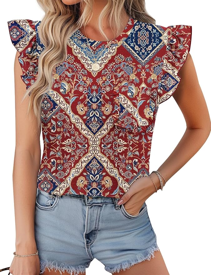 JUSTFASHIONNOW Womens Summer Tops Striped T-Shirts 2026 Ruffle Short Sleeve Crew Neck Casual Blouses with Pocket