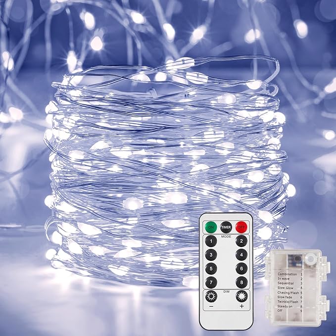 1 Pack 65.6 Ft. Battery Operated Outdoor String Lights with Remote & Timer, LED Cool White Fairy Lights, Waterproof Twinkle Lights for Bedroom, Dorm, Mason Jar, Wedding, Party, Christmas