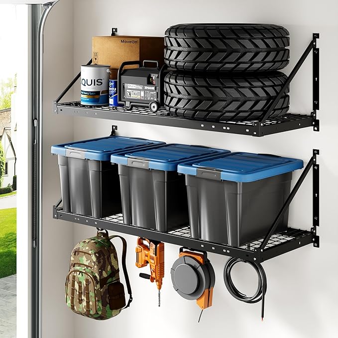 FLEXIMOUNTS 2-Pack 2x4ft Garage Wall Shelving with 4 Hooks - Heavy Duty Garage Storage System, 660 lbs Load Capacity with Brace Guardrail, Wall Mounted Organization for Bikes, Tools, Bins, Pro Series