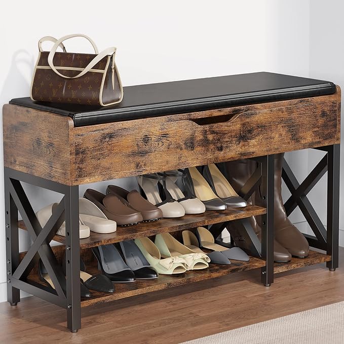 Shoe Bench, Lift Top Shoe Storage Bench, Adjustable Shelf Entryway Bench, Metal and Wood Shoe Rack Organizer with Cushion for Entry, Bedroom, Closet, Living Room, Hallway (Brown, 35.5“W)