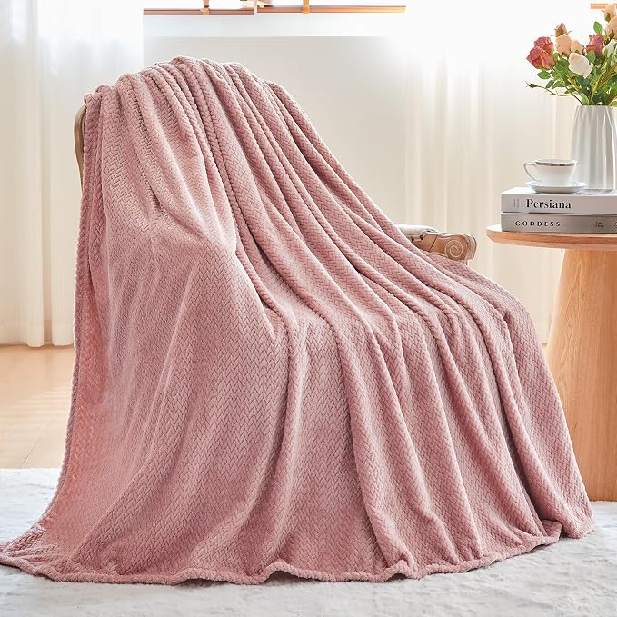 NEWCOSPLAY Fleece Leaves Pattern Twin Blanket, Dusty Pink, 60"x80" | Super Soft Throw Blanket, Lightweight Cozy Bed Sofa Blanket, Premium Silky Flannel Fleece, Travel Blanket for All Season Use
