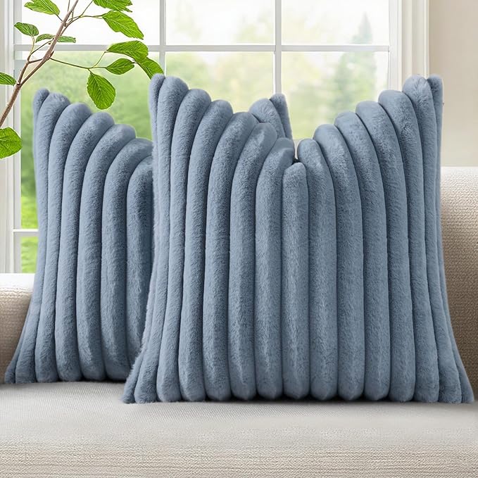 decorUhome Fall Faux Fur Throw Pillow Covers 26x26 Set of 2 Grey Blue | Decorative Soft Cozy Striped Plush Modern Farmhouse Boho Couch Pillow Cases Velvet Back for Sofa Bed Living Room Home Decor