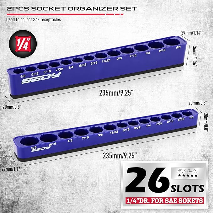 2-Piece 1/4"-Drive SAE Magnetic Socket Organizer Set (Holds 26 Sockets) - Detachable Tool Tray with 5mm Magnetic Base, Screw-Fixed Design & Heavy-Duty Modular Storage for Garage/Home Workshop