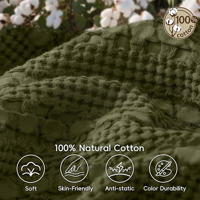 PHF 100% Cotton Waffle Weave Blanket King Size, Lightweight Breathable Summer Blanket for Hot Sleepers, Pre-Washed Soft Layer for Bed, Couch, Home Decor Gift, 108"x90", Capulet Olive