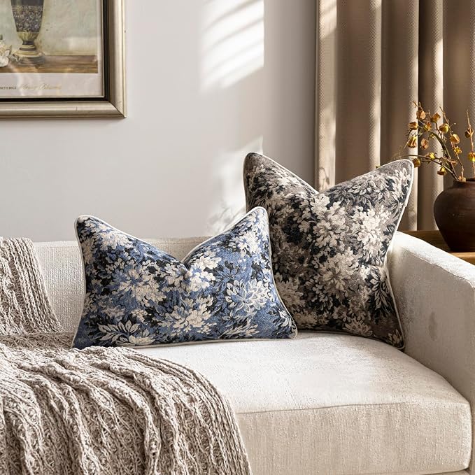 Pack of 2 Vintage Floral Euro Sham Covers 26x26 Boho Farmhouse Accents Chenille Square Decorative Throw Pillow Cases for Living Room Couch Bed Home Decor, Taupe